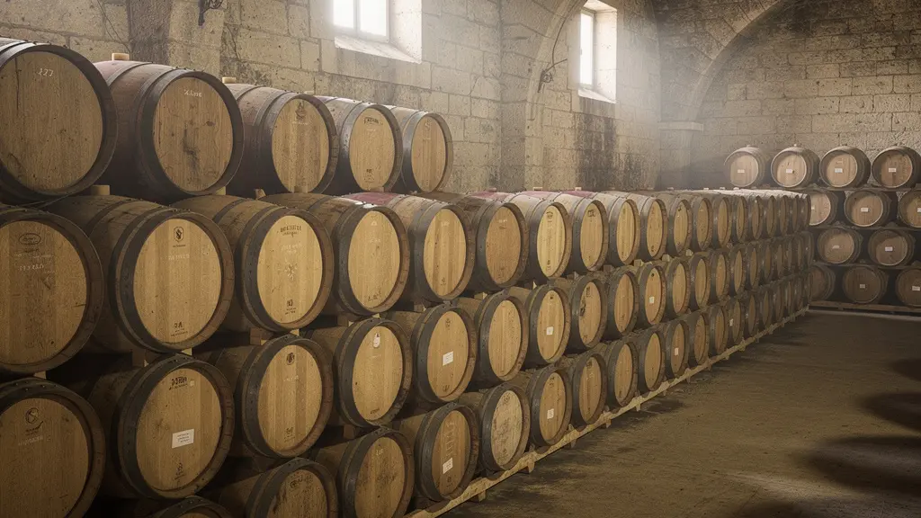 Fûts de chêne empilés dans un chai traditionnel charentais pour le vieillissement du whisky Hériose