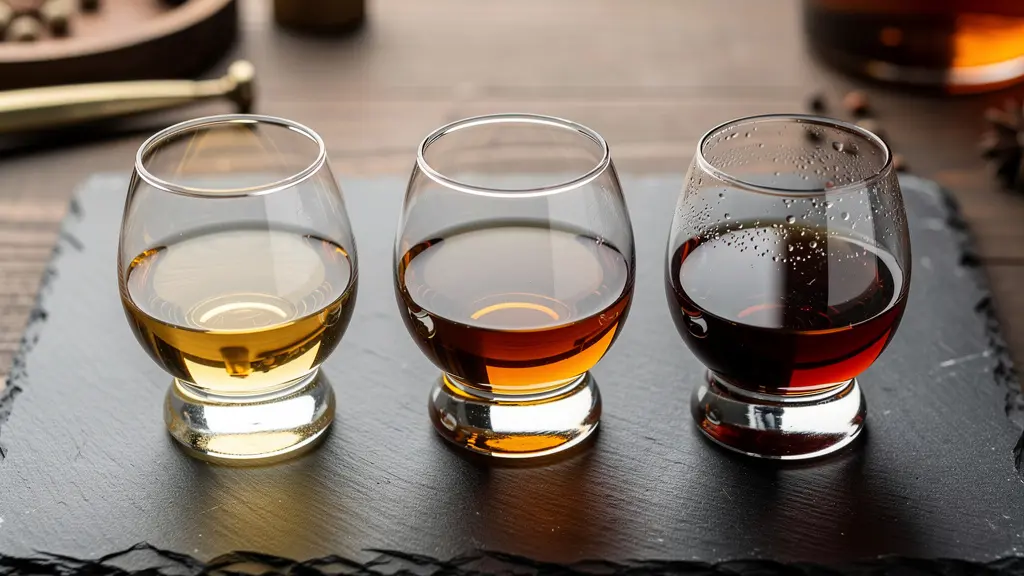 Trois verres de whisky Hériose aux robes différentes alignés pour comparaison des couleurs