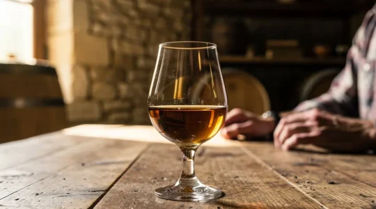 Verre de whisky Hériose ambré posé sur table en bois rustique, ambiance dégustation authentique